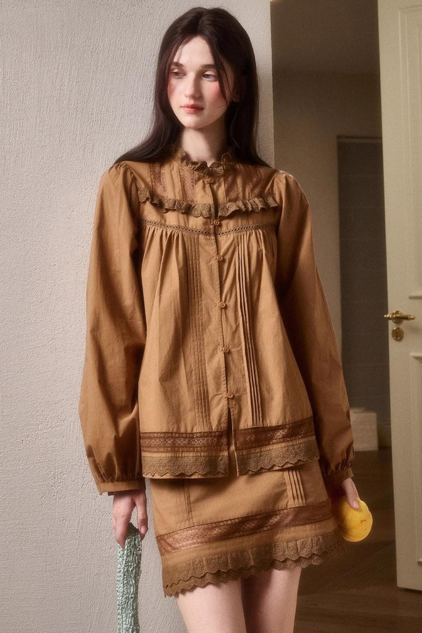 Cotton Lace Shirt With Skirt Set-Up