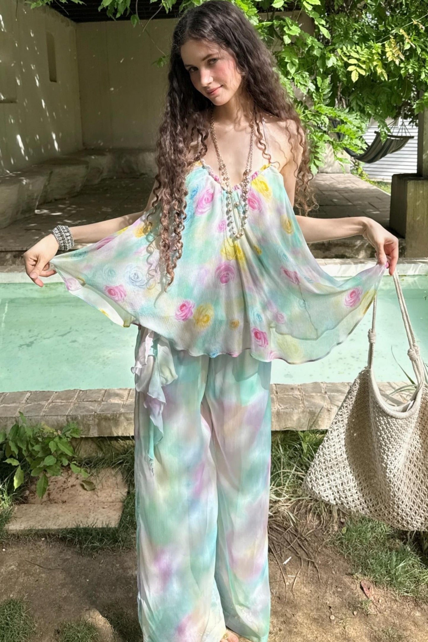 Rose Silk Chiffon Skirt Set-Up