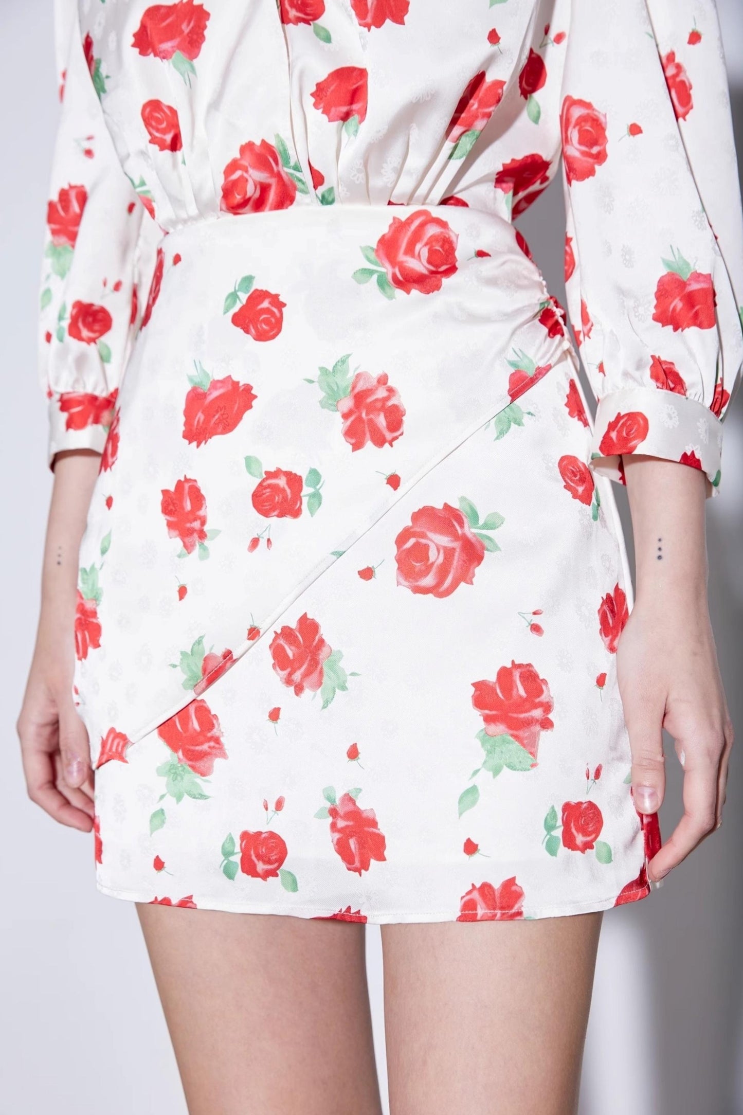 Satin Rose Jacquard V-Neck Dress