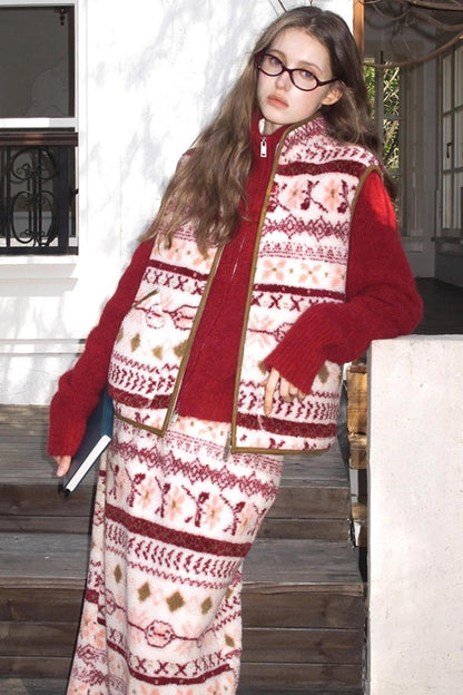 Berry Peach Retro Fleece Vest Jacket Skirt Set-Up