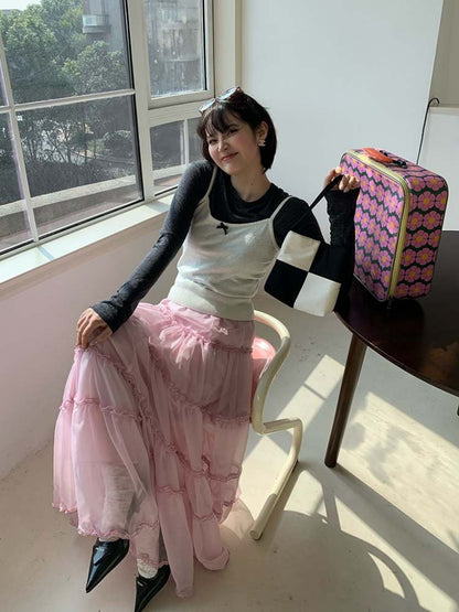 Cherry Blossoms Splice Mesh Volume Tiered Skirt