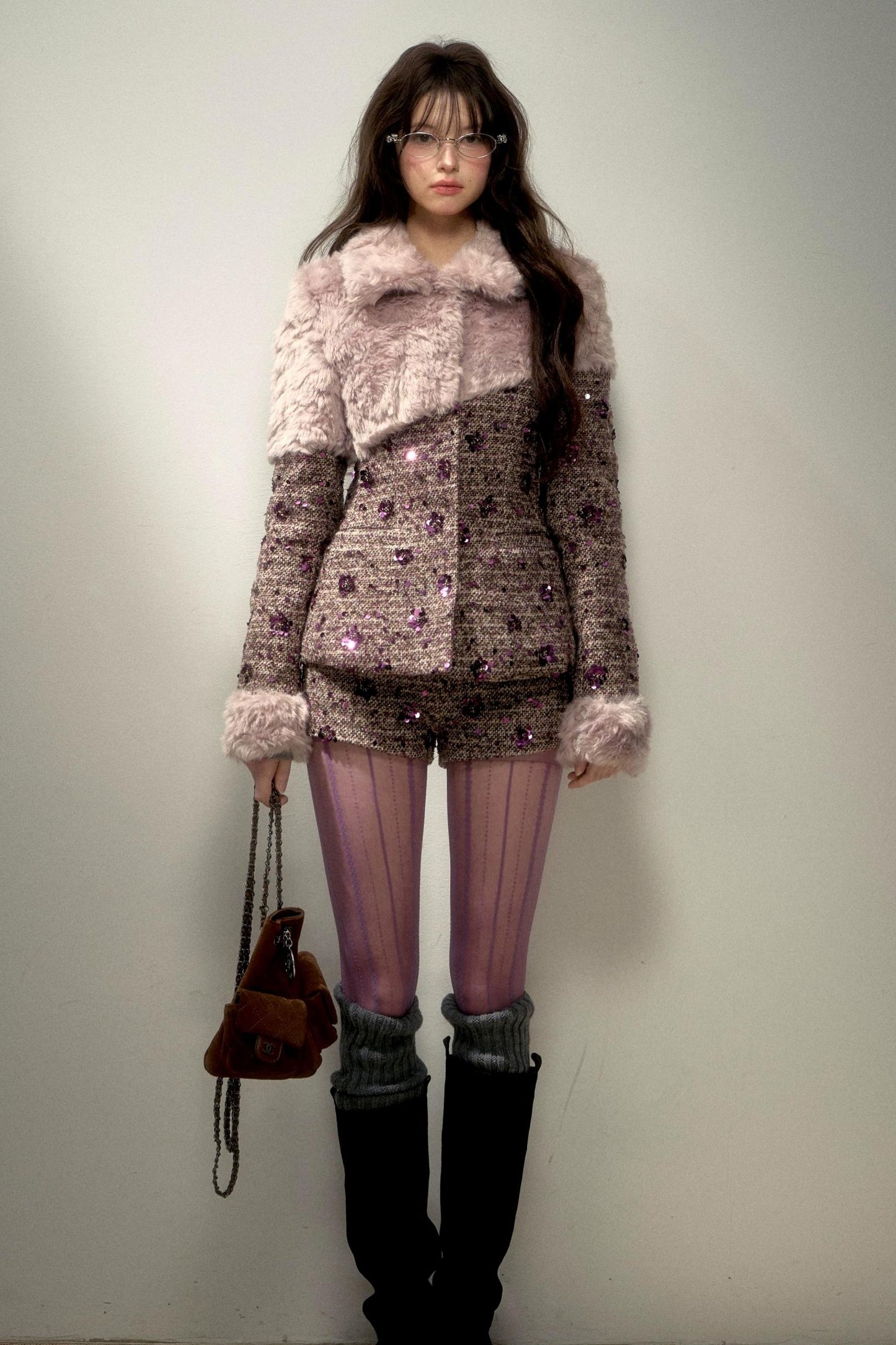 Retro Chic Purple Sequin Tweed Suit Set-Up