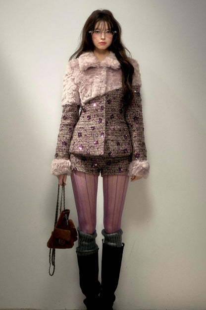 Retro Chic Purple Sequin Tweed Suit Set-Up