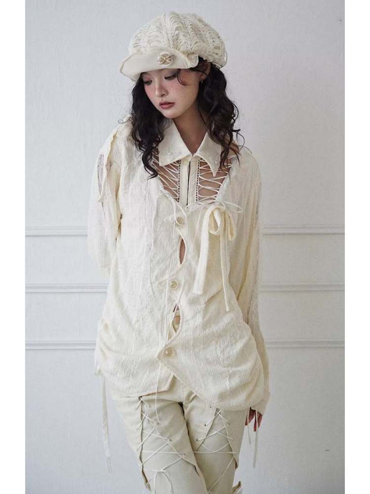 Niche Original Design Strap Sheer Lace Shirt