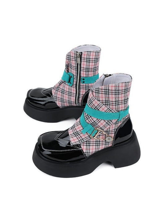 Niche Punk Style Plaid Pattern Side Zip Martin Boots