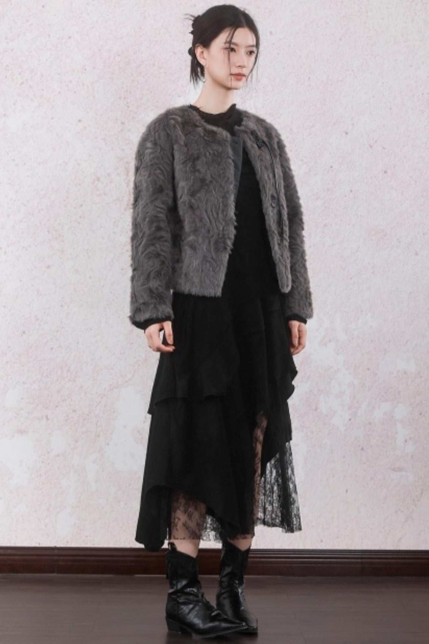 Elegant Gray-Brown Plush Jacket