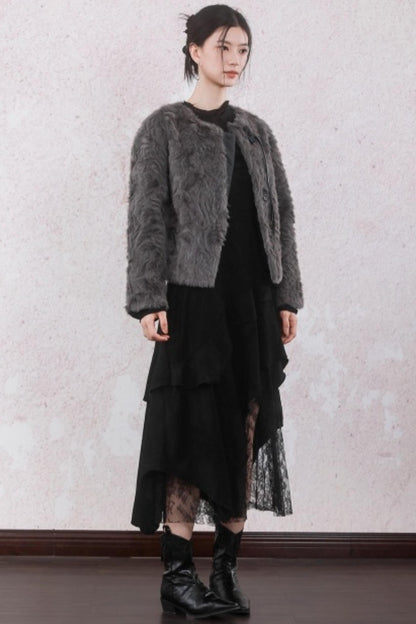 Elegant Gray-Brown Plush Jacket