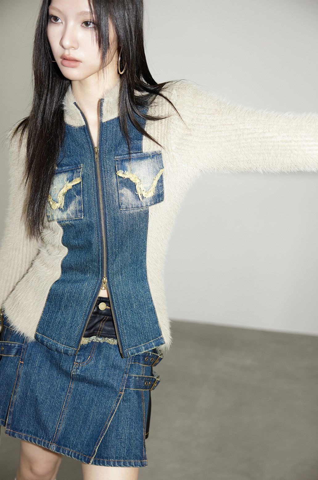 Stand collar denim patch knit jacket