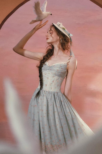 Green Floral Sweet Strap Dress