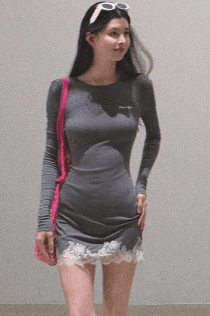 Lace-Trimmed Knit Dress