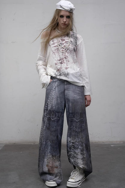 Printed Blue Wide-Leg Denim Pants