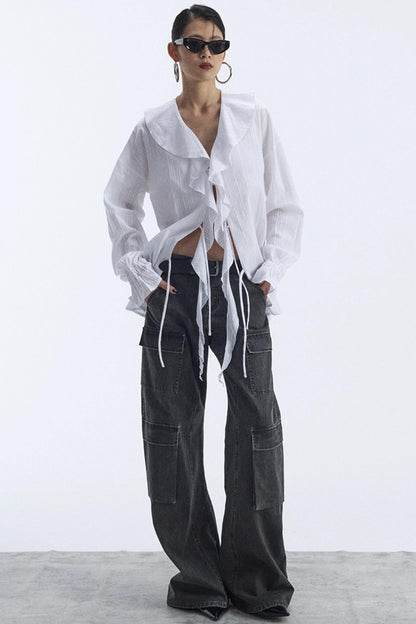 Winter White Ruffled V-Neck Shirt