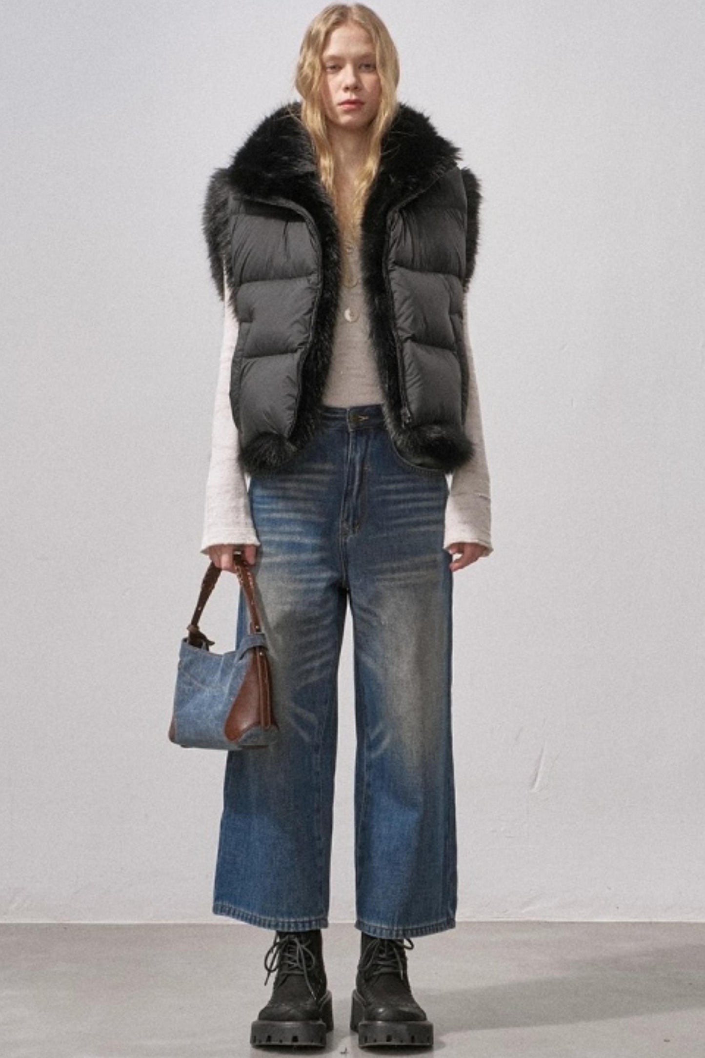 Retro Fleece-Lined Cropped Jeans