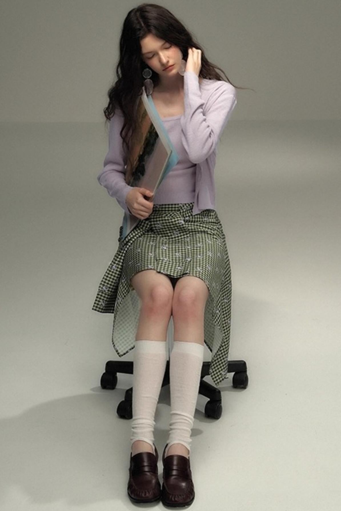 Retro Green Check Lace-Up Skirt