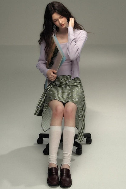 Retro Green Check Lace-Up Skirt