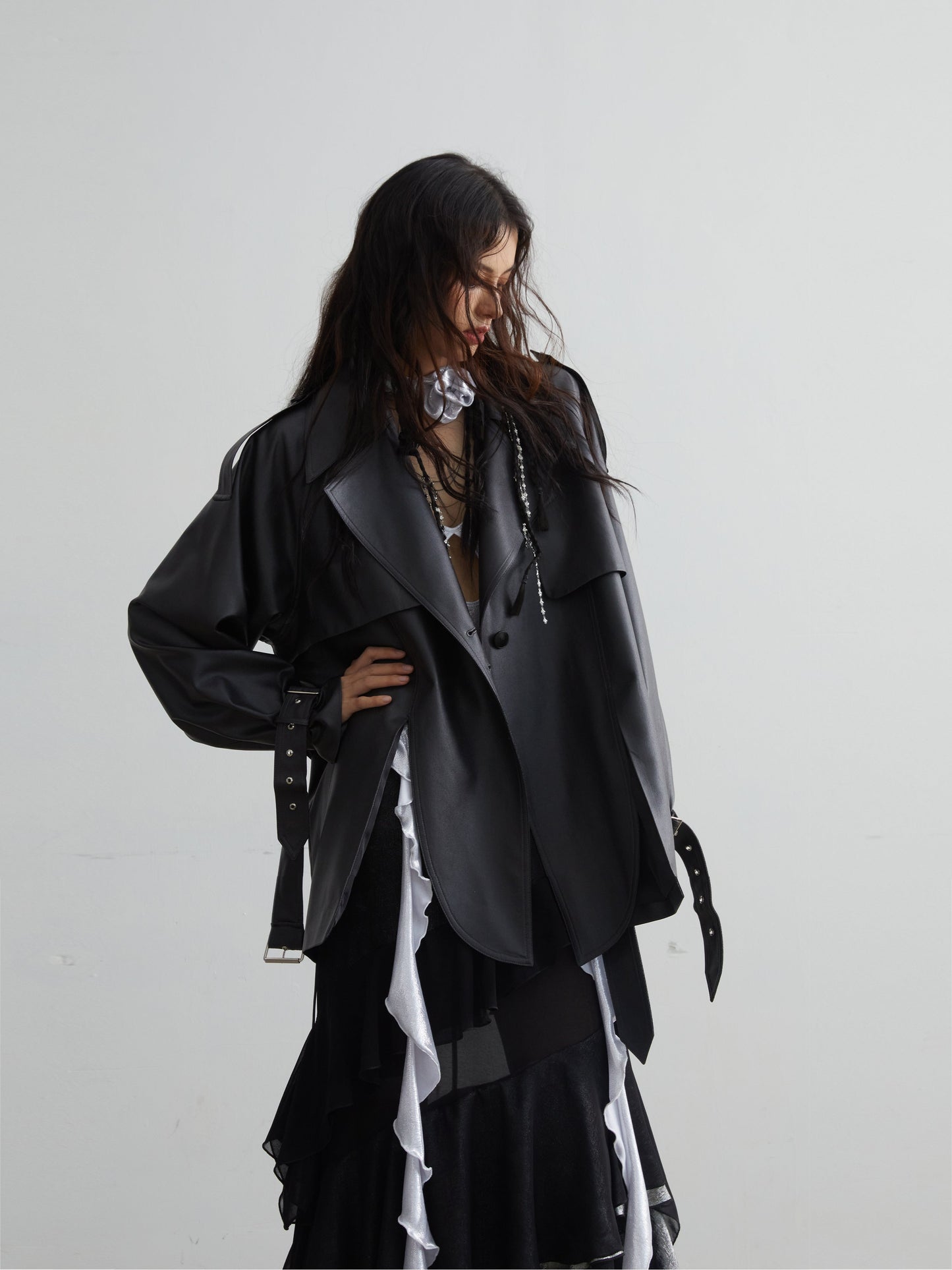 Matte Black Leather Hem Slit Short Jacket