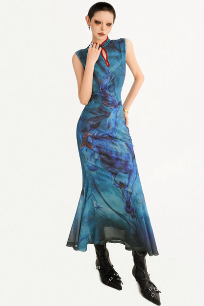 Robe queue de poisson réversible à motif peinture à l’huile