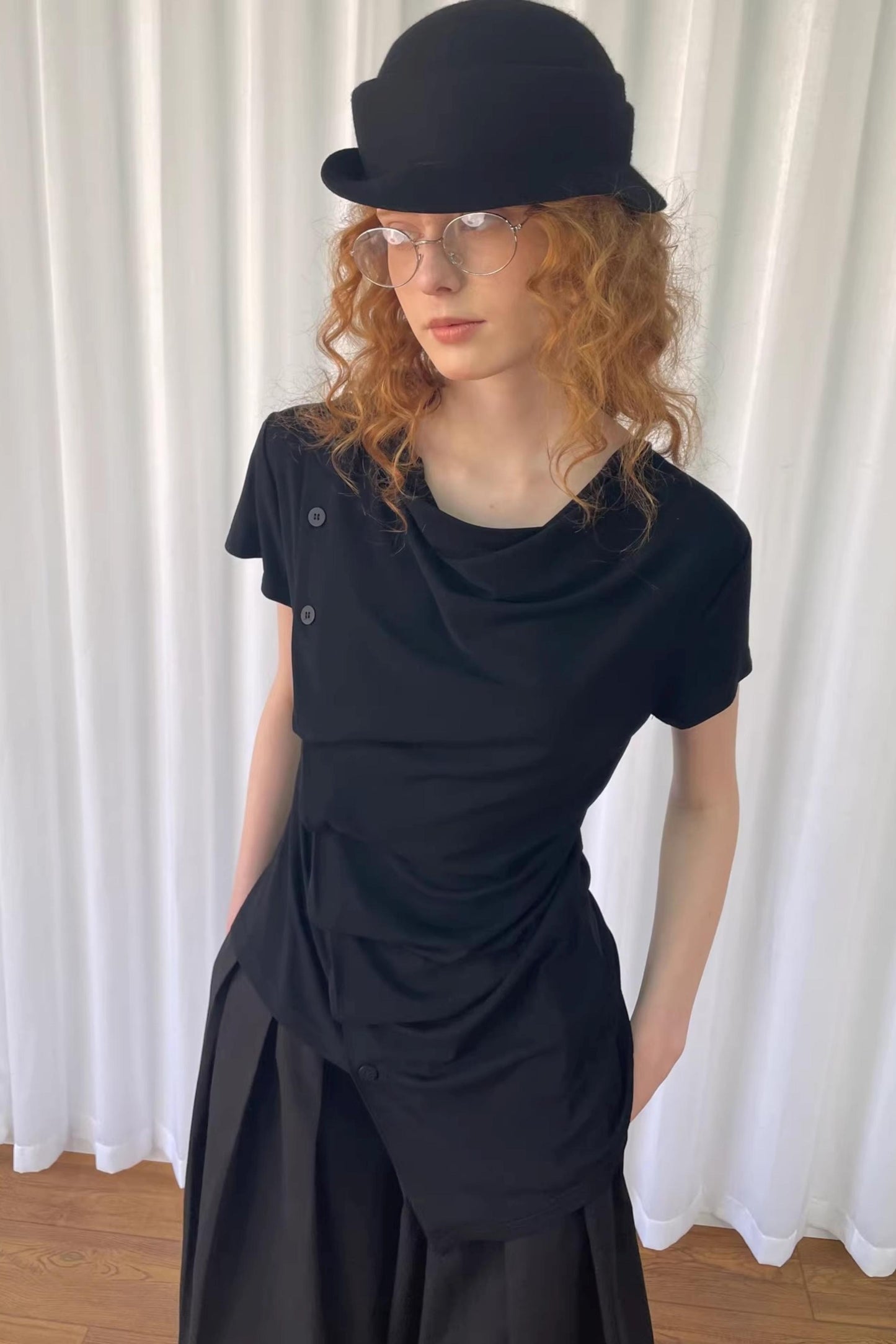 Pleated Irregular Neckline Top
