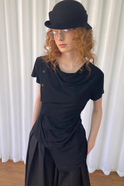 Pleated Irregular Neckline Top