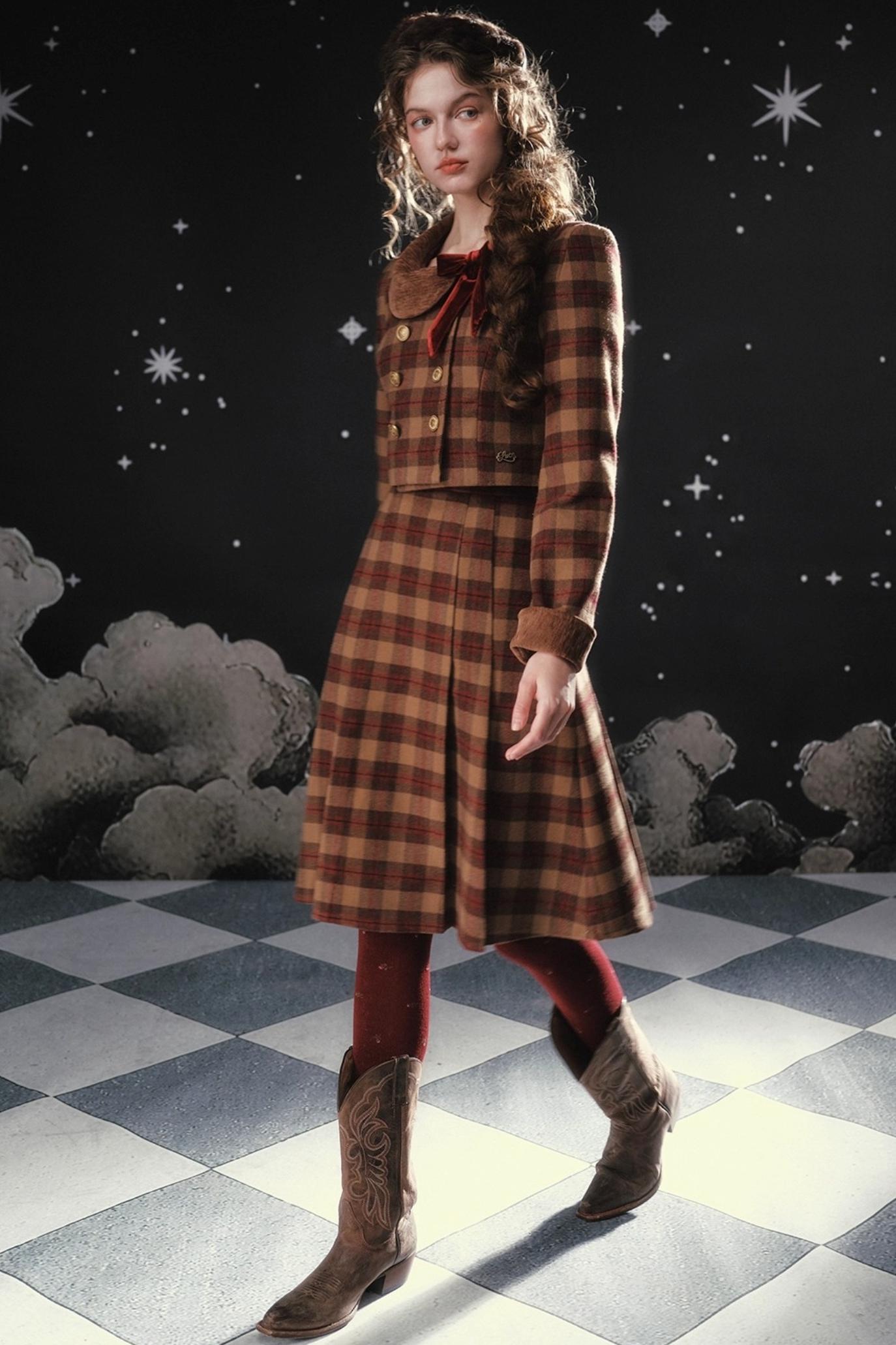 Plaid Woolen Jacket Suit Set-Up