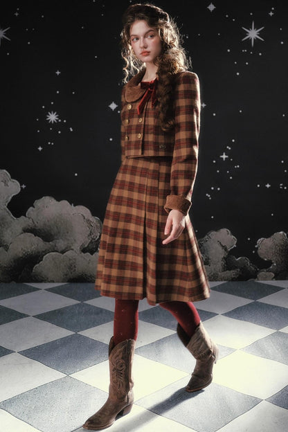 Plaid Woolen Jacket Suit Set-Up