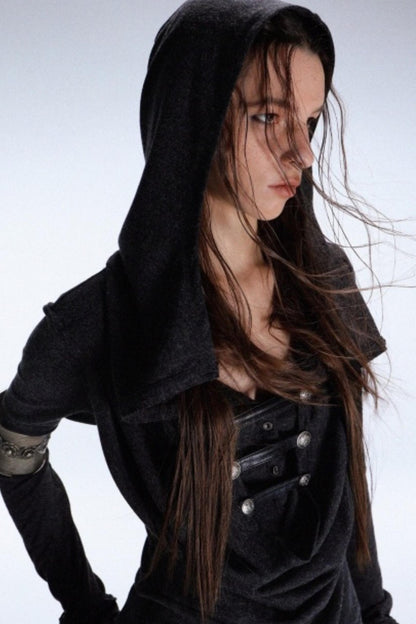 Hooded Metal Buckle Knit Top