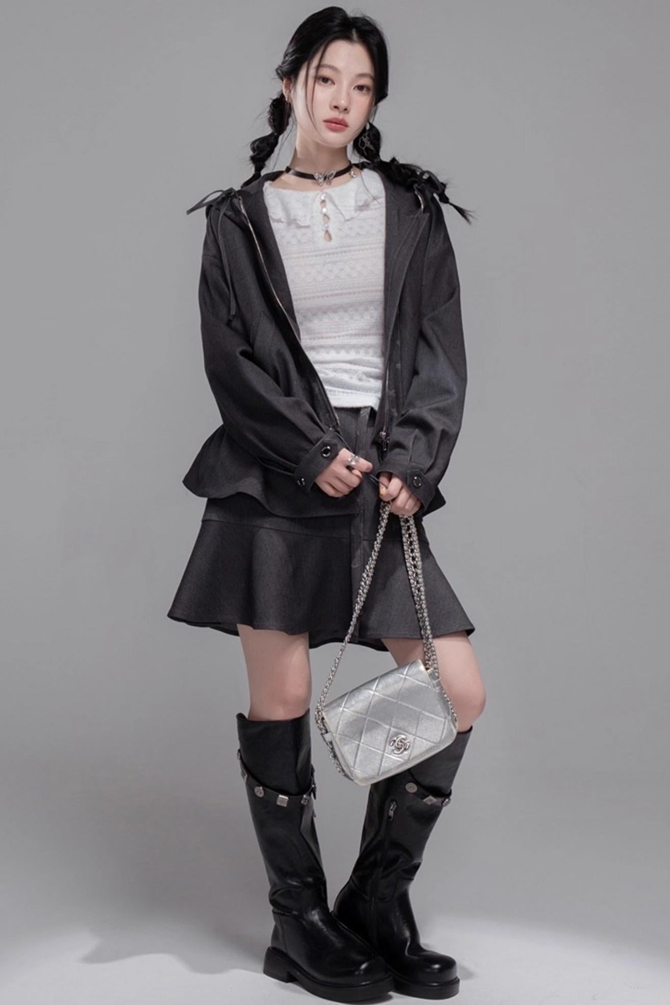 Morning Gray Patchwork Hooded Jacket Set