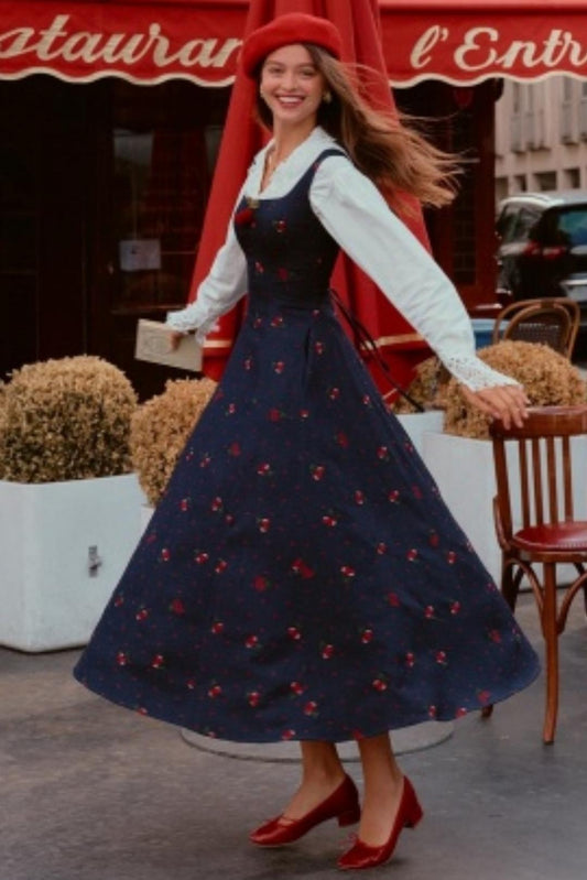 Cherry Lace Embroidered Denim Dress Set-Up