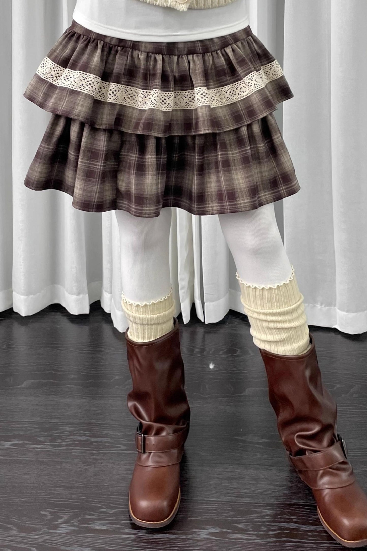 Coffee Plaid Patchwork Puffy Skirt