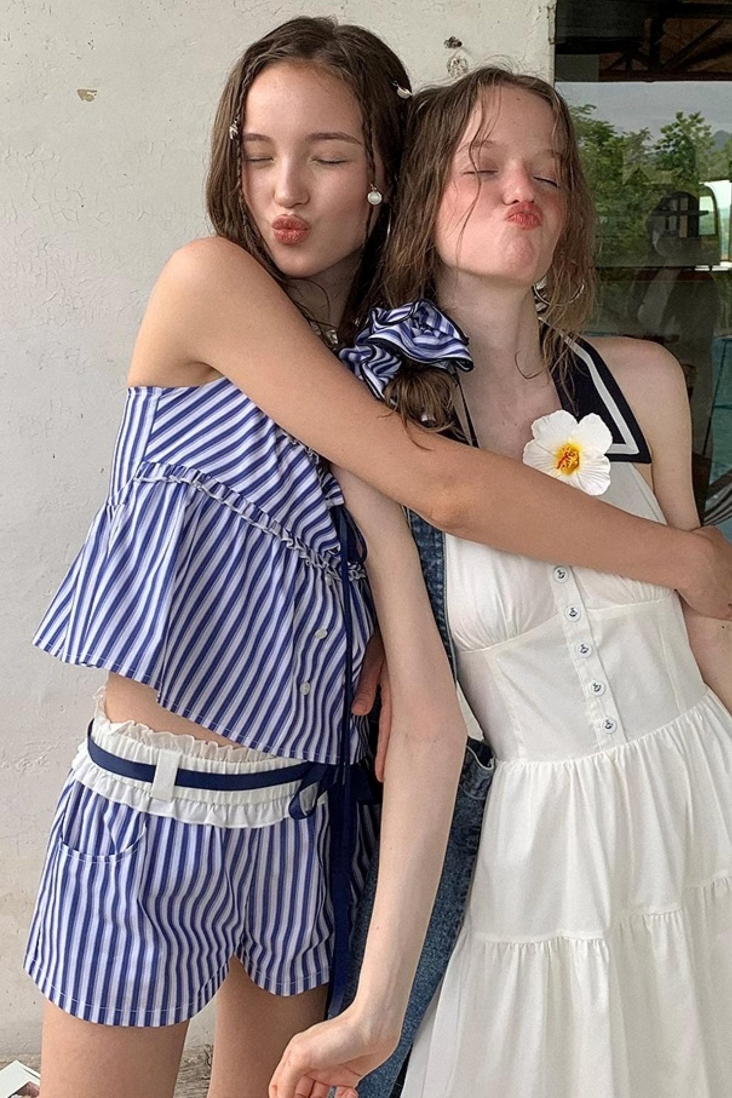 Blue Striped Ruffle A-Line Shorts Set-Up