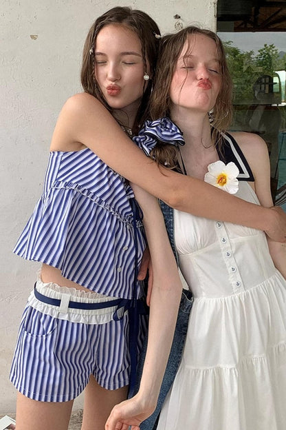 Blue Striped Ruffle A-Line Shorts Set-Up