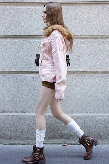 Fur Collar Cable Knit Cardigan