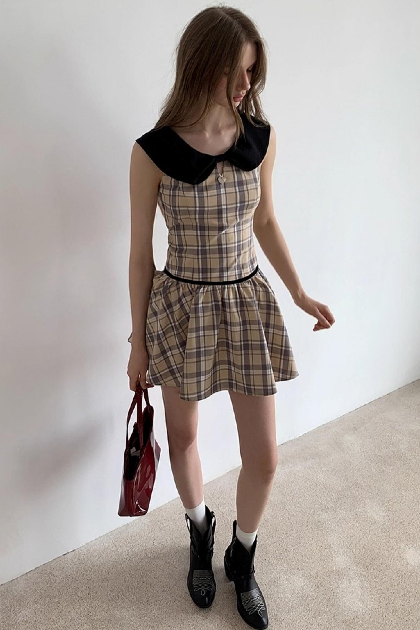 Plaid Contrasting Doll Neck Puffy Dress