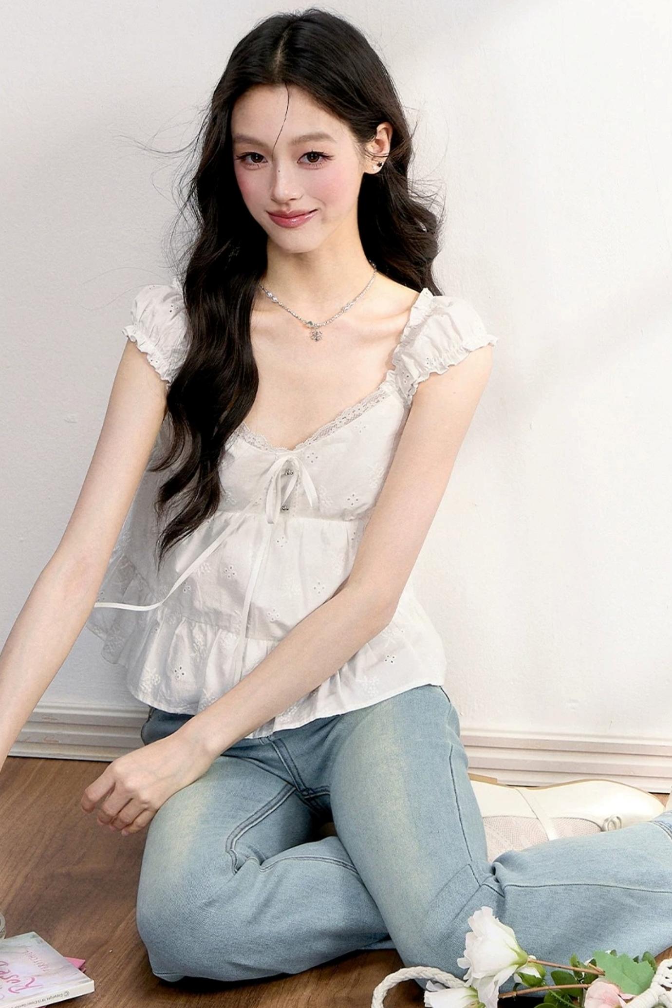 French Lace Puff Sleeve Blouse