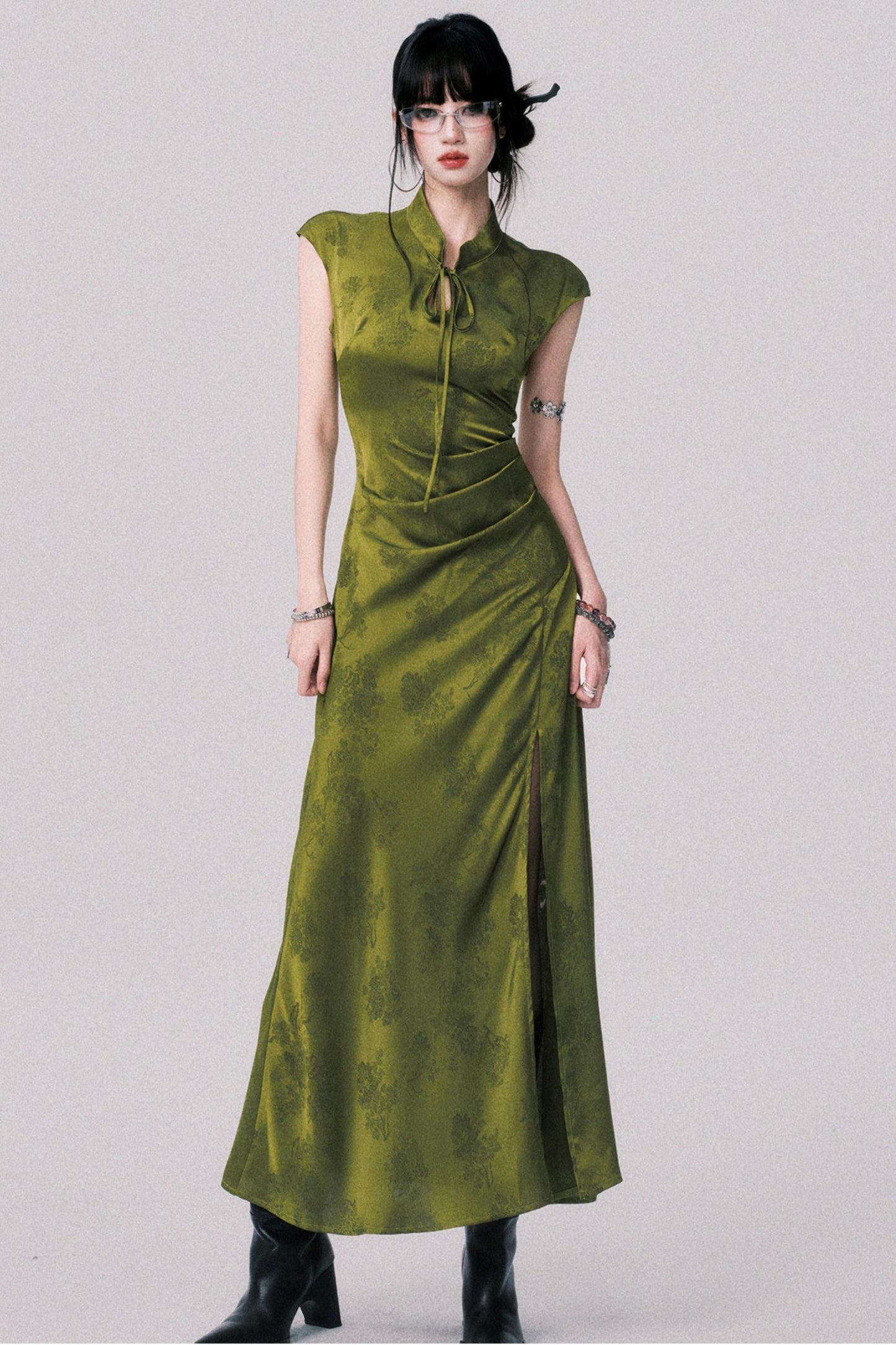 Vintage Moss Green Jacquard Cheongsam Dress