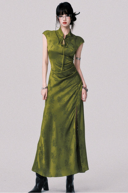 Vintage Moss Green Jacquard Cheongsam Dress