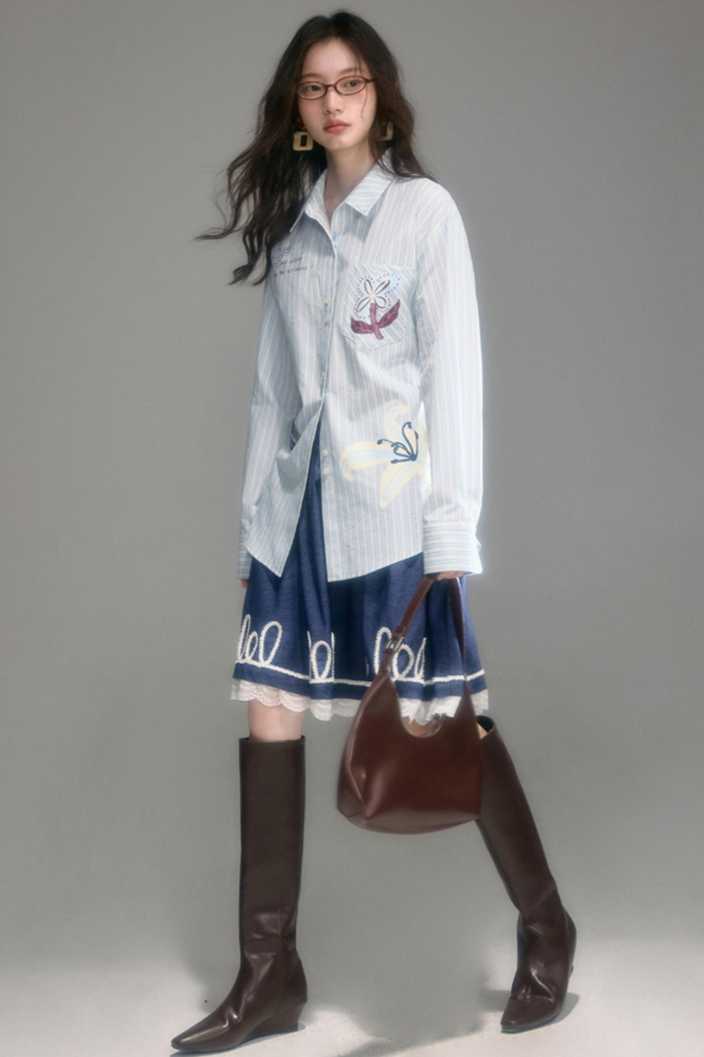 Embroidered Patchwork Denim A-Line Skirt