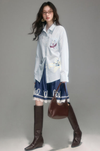 Embroidered Patchwork Denim A-Line Skirt