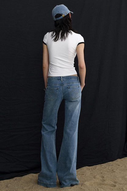 Deconstructed Washed Blue Bootcut Pants