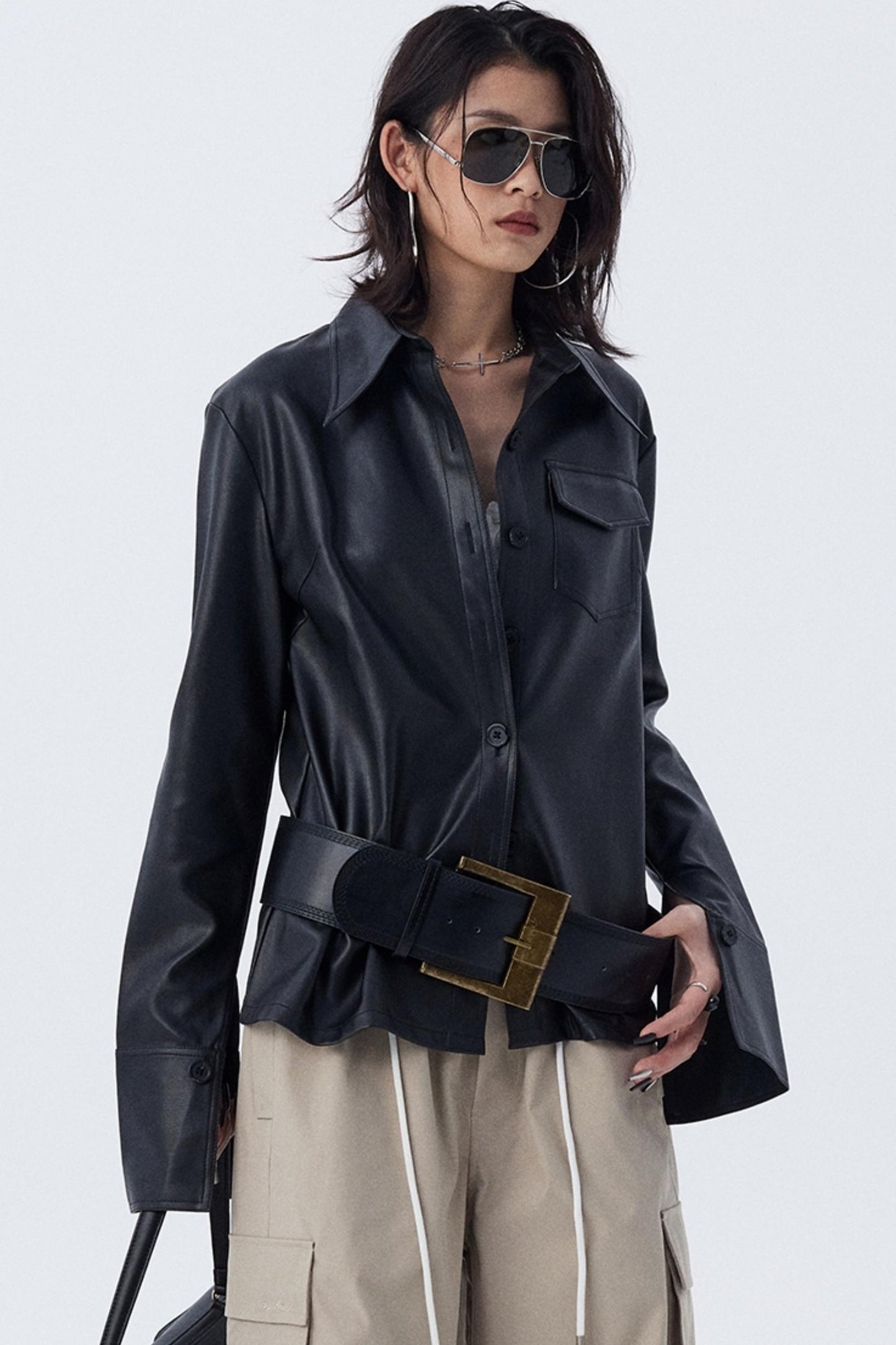 Pocket Detail Leather Biker Coat