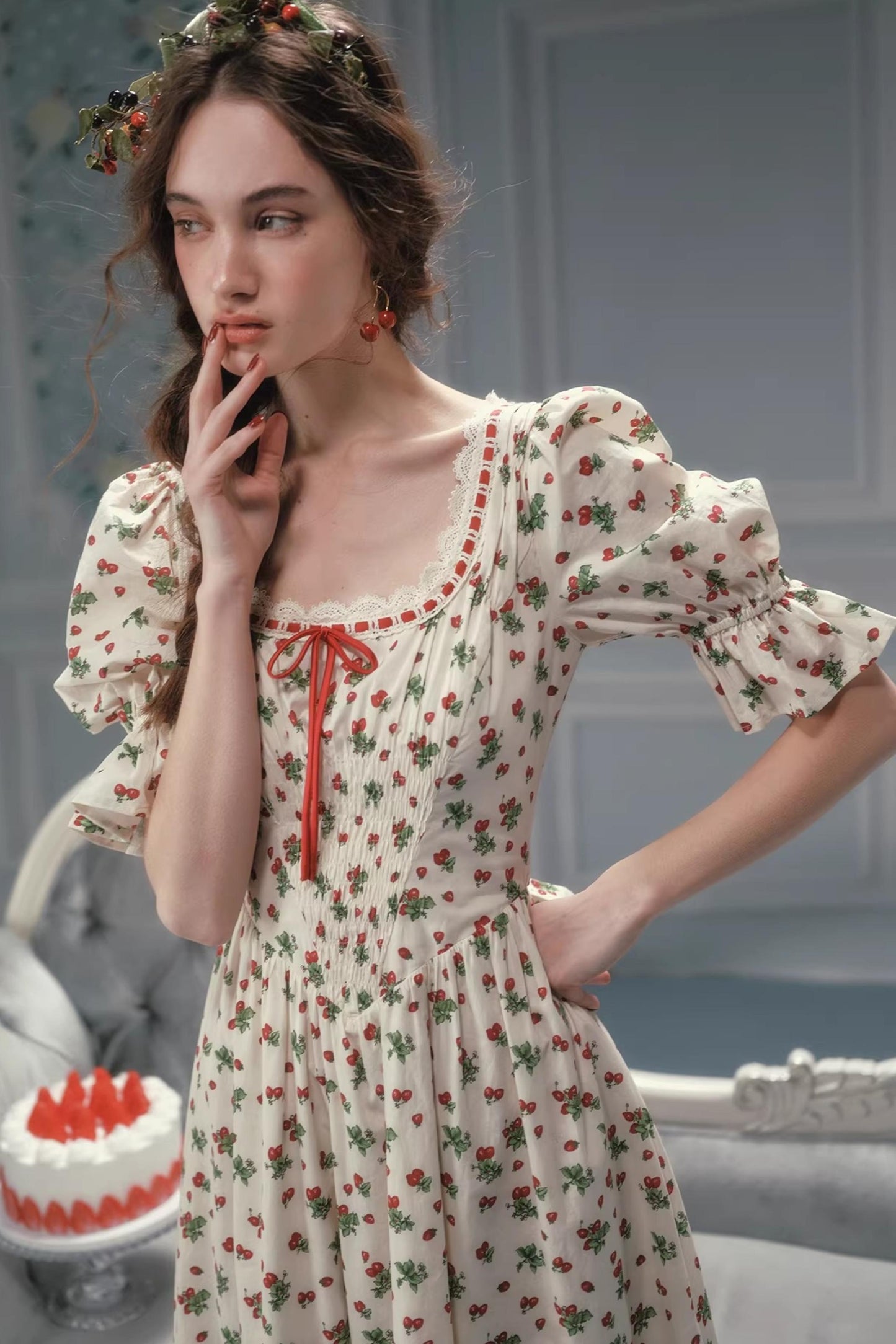 French Pastoral Style Strawberry Floral Dress