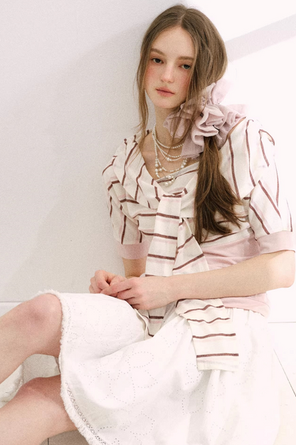 Cherry Blossom Striped Tie-Neck Top