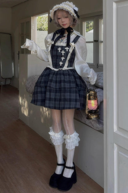 Gray Plaid Waist Cinched Herringbone Lace Bow Tie Dress Set-Up