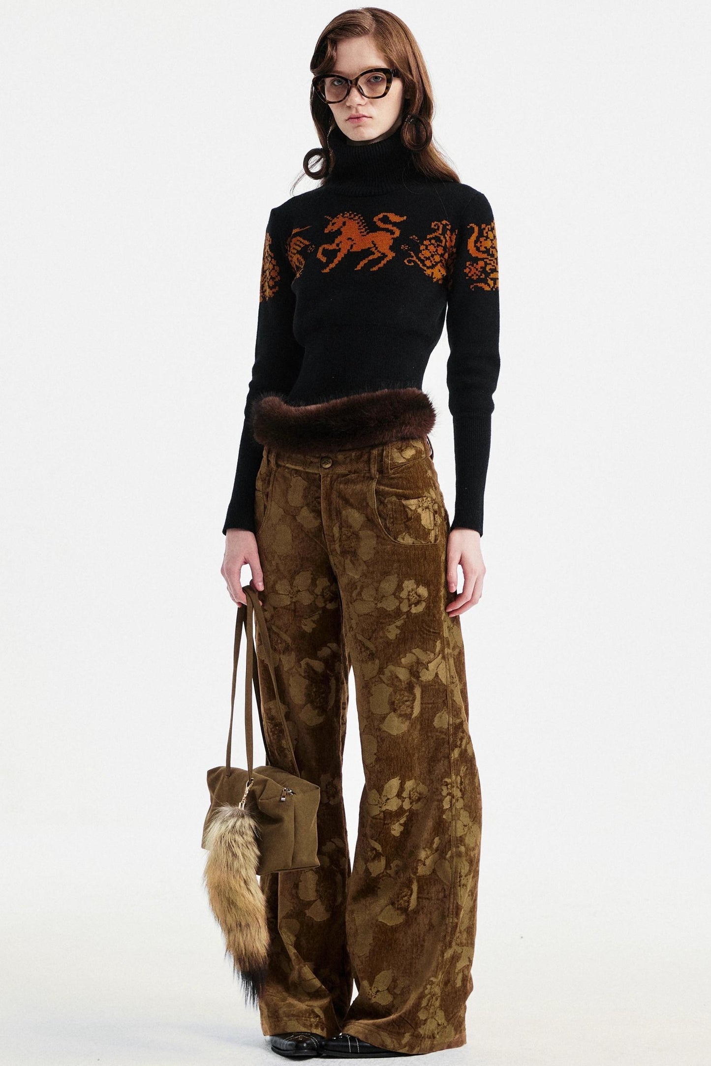 Brown Floral Jacquard Pants