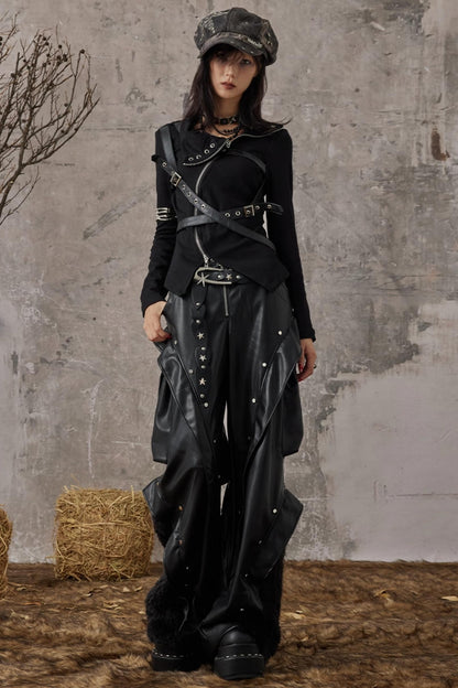 Autumn Punk Wide-Leg Leather Pants