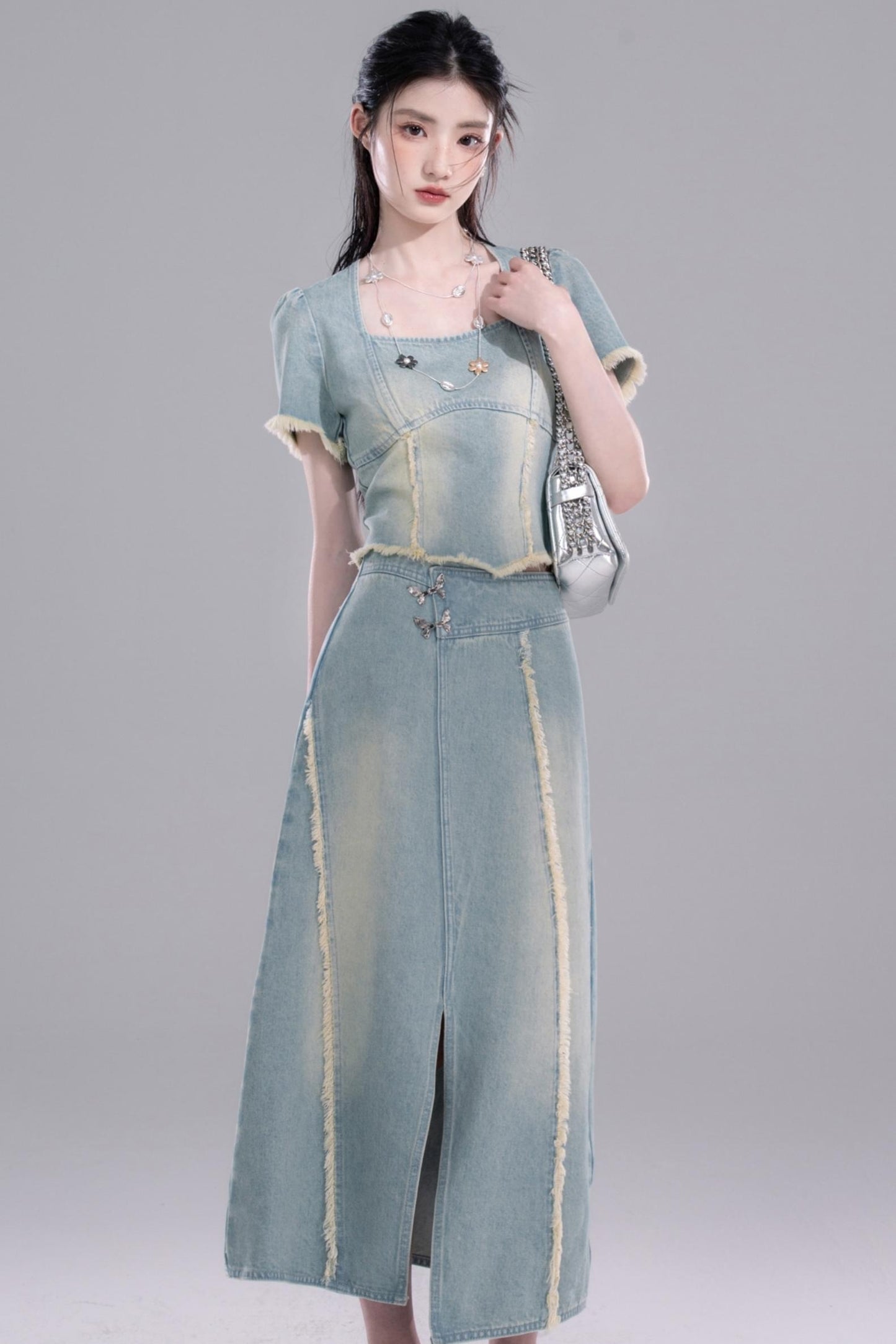 Cold Slit Blue Skirt Set-Up