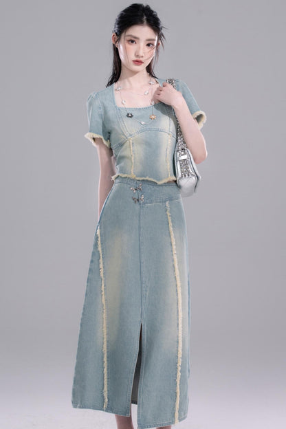 Cold Slit Blue Skirt Set-Up