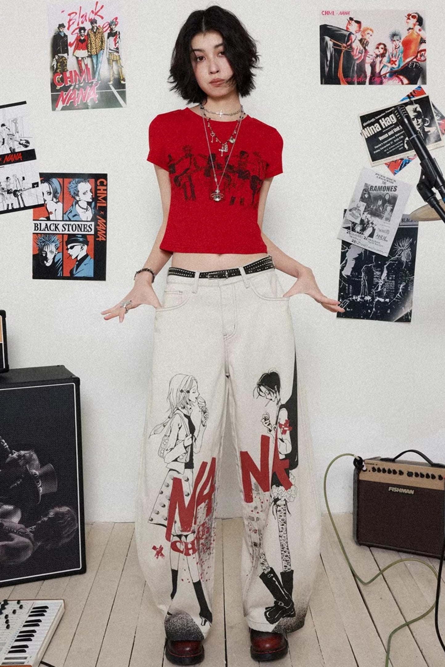 Printed Denim Scimitar Pants