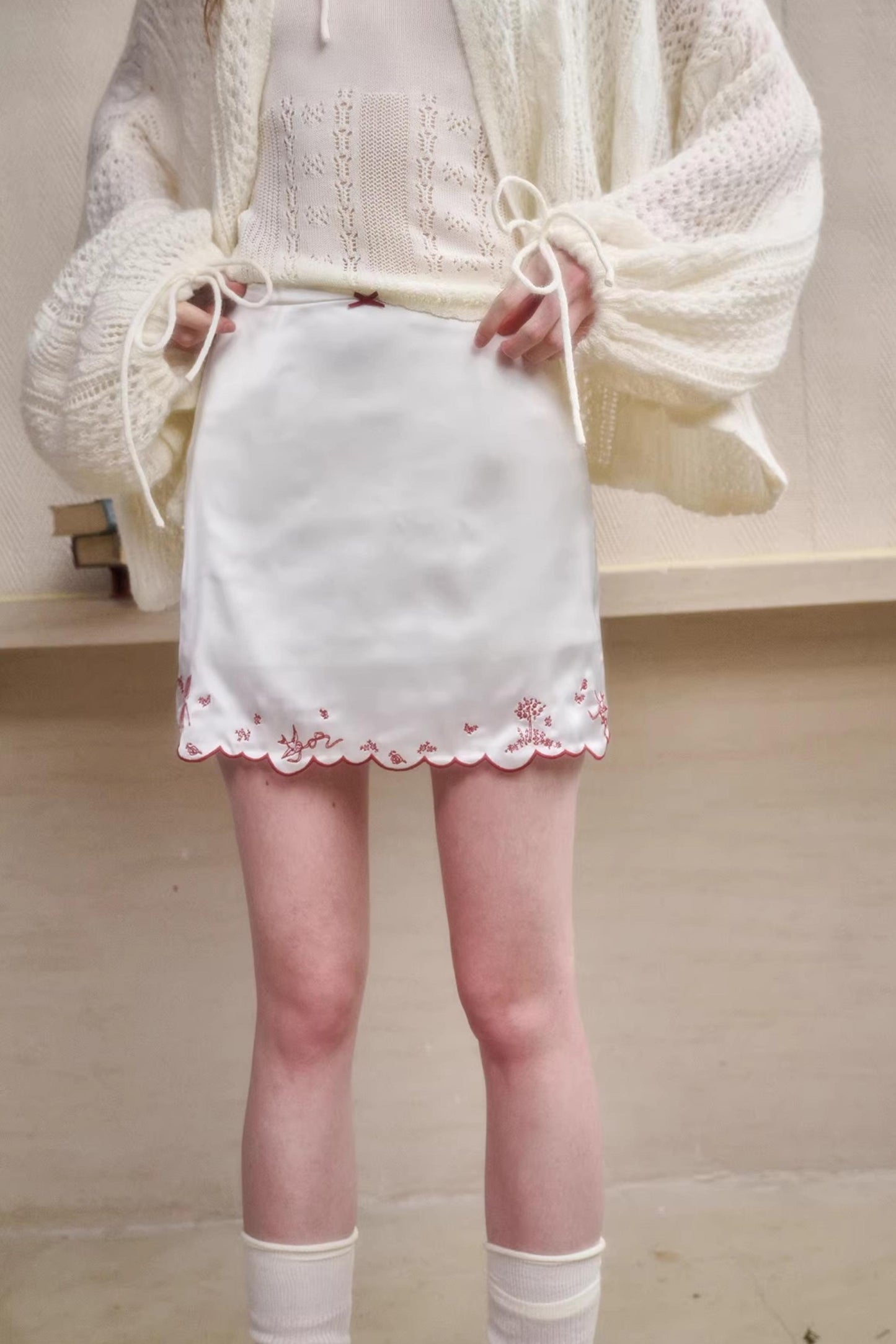 Mint Embroidered Satin Skirt