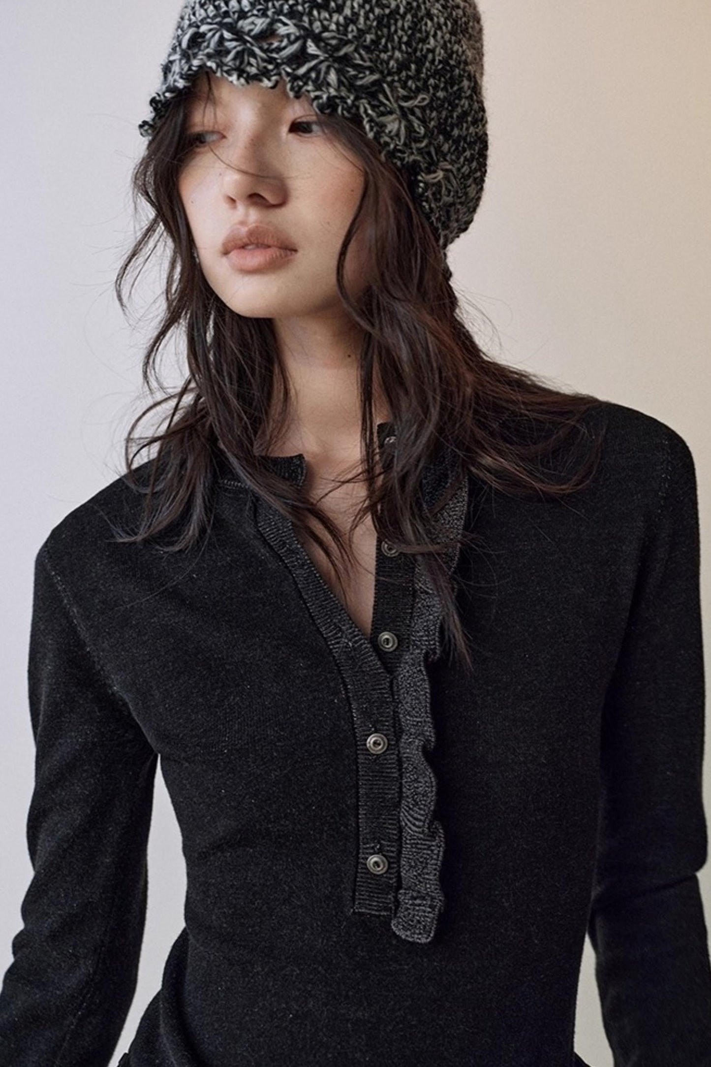 One-Sided Ruffled Crew Neck Knit Top